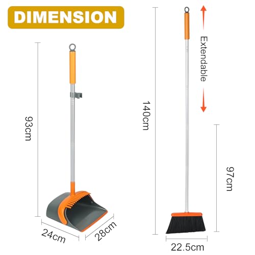 Broom and Dustpan Set with 54 Inch Long Handle - Perfect Dust Pan and Brush Combo for Home Efficient Cleaning (Orange and Grey) - color: Orange and Grey
