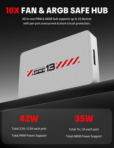 upHere 10-Port ARGB PWM Fan Hub Controller - Magnetic Installation PC Case Fan Splitter with SATA Power, 5V 3-Pin RGB LED Support for PC Case Cooling & Lighting Customization White P13PARGB WT - color: White