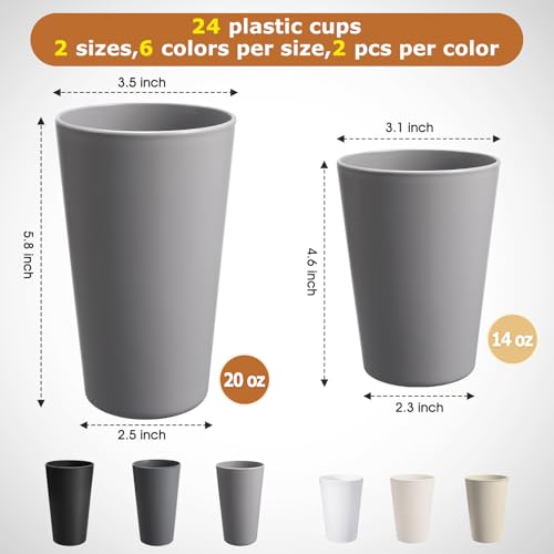 HEYCOME 24 Pcs Unbreakable Plastic Cups Set, 12 Pcs 14 oz and 12 Pcs 20 oz Reusable Plastic Cups, Stackable Water Tumblers, Drinking Cup for Kitchen, BPA-free, Dishwasher and Microwave Safe, 6 Colors - color: 6-Gray Multicolor, size: 14+20 oz