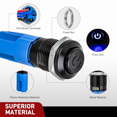 Nilight 12mm Latching Push Button Switch 6pcs LED Blue Waterproof - color: 6pcs 12mm LED Switch