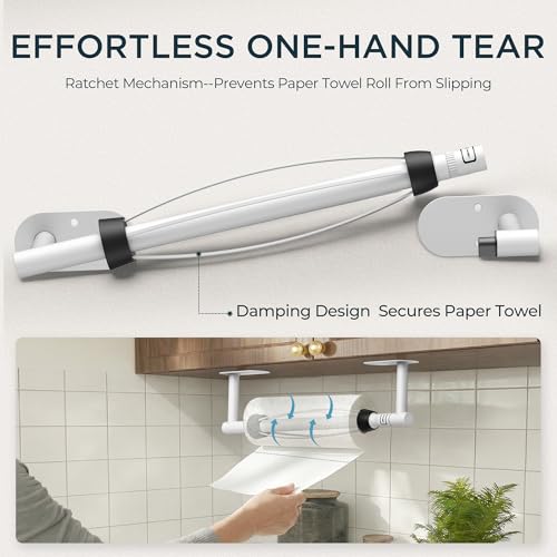 FORIOUS Paper Towel Holder Under Cabinet, One Hand Tear,White - color: White