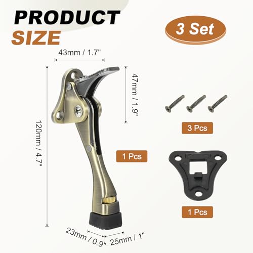 uxcell 3 Set Kickdown Door Stopper, 4.7" Aluminum Alloy Kick Down Door Stoppers for Bottom of Doors One Touch Adjustable Doors Holder with Non-Slip Rubber Tip and Screws for Home, Brass - color: Brass