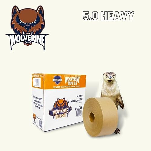 Wolverine 3.0 Brown Kraft Paper Packing Tape, 10 Pack, 2.75 Inch x 450 Feet, 6.3 Mil, Water Activated Gum Tape with Fiberglass Reinforced Strands