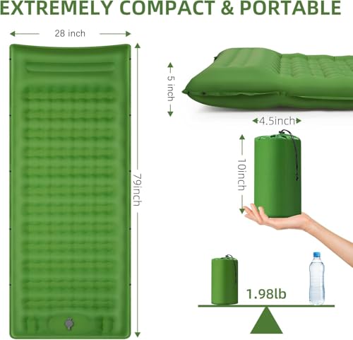 FNARMW Camping Sleeping Pad, Extra Thick 5 Inch Camping Mat with Pillow Built-in Foot Pump Inflatable Sleeping Pads Compact for Camping Backpacking Hiking Traveling Tent(Green) - color: Green