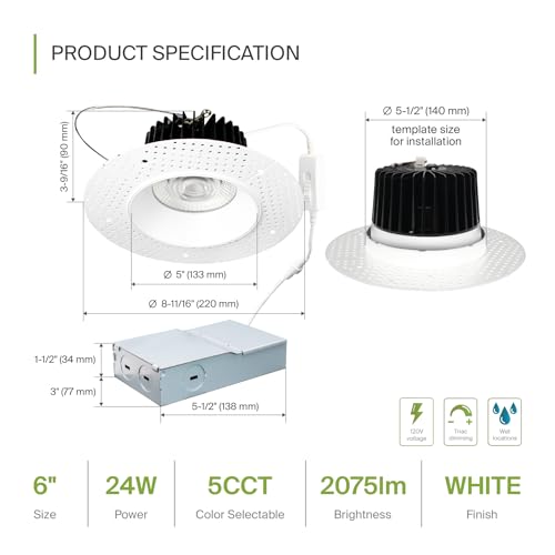 ASD 6 Inch Trimless LED Recessed Ceiling Light Fixture, Mud-in Canless Downlight with Junction Box, 5CCT Selectable 2700K-5000K, 24W 2075 Lumens, CRI90+, Anti-Glare, Dimmable, IC & Wet Rated, ETL - color: White 1 Pack, size: 6" 24 Watt