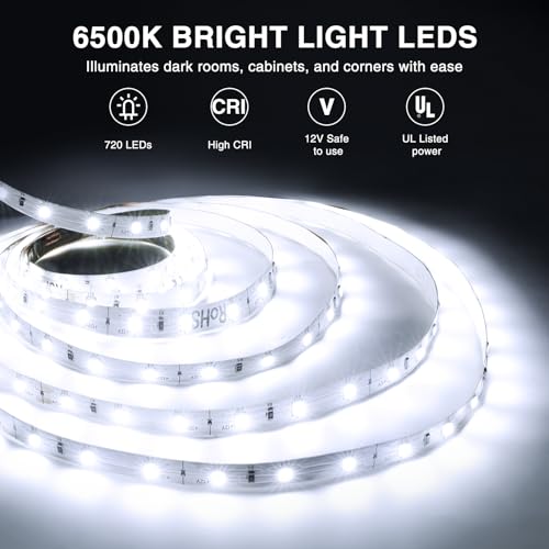 Onforu LED Strip Lights,39.37ft 6000K Dimmable Daylight White Tape Light,12m 720 LEDs 2835 Flexible Ribbon Mirror Light, 12V Adhesive Rope Lights for Kitchen, Under Cabinet, Bedroom - color: Daylight White, size: 39.37FT