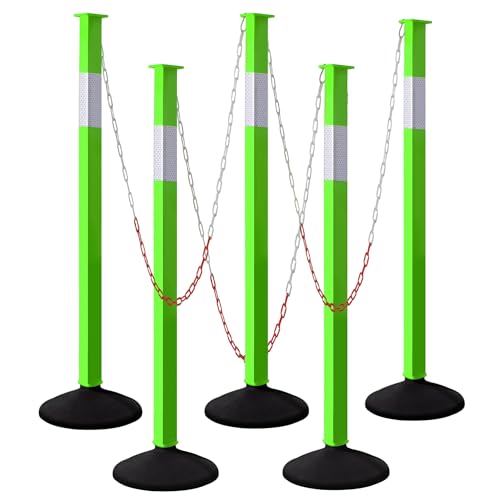 Traffic Delineator Post with Weighted Base & Reflective Collars, Adjustable Parking Cones with 4 FT Chains, Portable Orange Driveway Barrier Pole for Traffic Crowd Control(Patented) - size: 5 Pack-Green