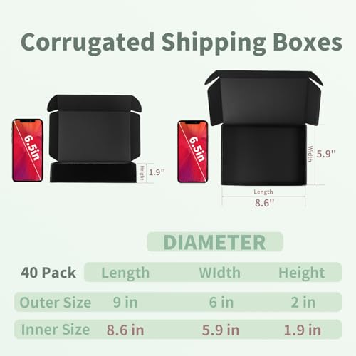 Rempry 40 Pack 9x6x2 Inches Black Shipping Boxes, Cardboard Corrugated Mailer Boxes for Packaging Small Business, Small Gift Boxes for Mailing Present - color: Black, size: 9X6X2-40 Pack