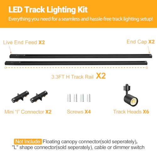 VANoopee 6-Light LED Track Lighting Kit with 6.6FT H Type Track Rails Black - color: Black, size: 6 Lights