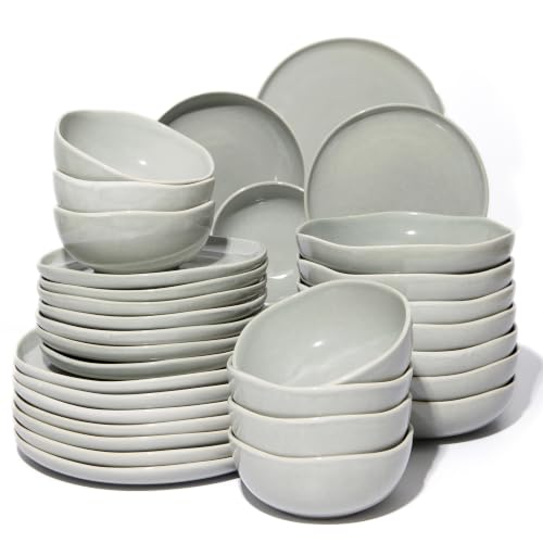 Pokini Stoneware Dinnerware Sets for 8, 32Pcs Ceramic Plates and Bowls Sets - color: Dusty Green, size: Set (32pcs)
