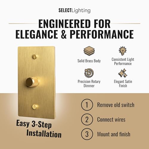 SELECT 1 Gang Solid Brass Rotary Dimmer Switch, 3-Way & 1-Way Compatible - color: Satin Brass, size: 1 Gang, style: 1/3-Way Dimmer