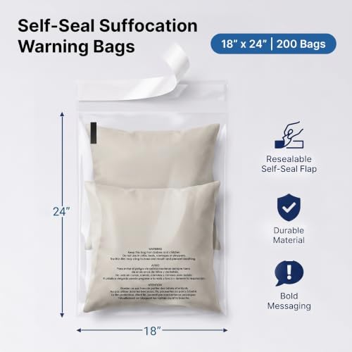 18” X 24” (200 Count) Self Seal Clear Poly Bags with Suffocation Warning - size: 18" X 24"
