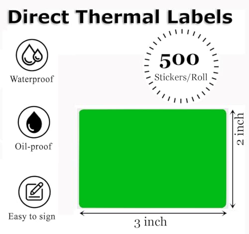3" x 2" Thermal Labels Stickers Green, Thermal Printer Shipping Stickers, Multipurpose Inventory Self-Adhesive Direct Thermal Label for Small Business (500 Labels/Roll) - color: Green, size: 3" x 2"