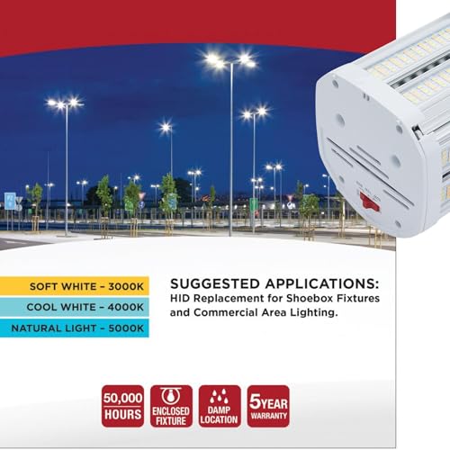 Satco S28932R1 80W LED Shoebox Retrofit Lamp, Wattage Selectable (60W/70W/80W), 3CCT (3000K/4000K/5000K), EX39 Base, 11200 Lumens, Ballast Bypass Type B, DLC Listed, Enclosed Fixture 120-277V (4 Pack)