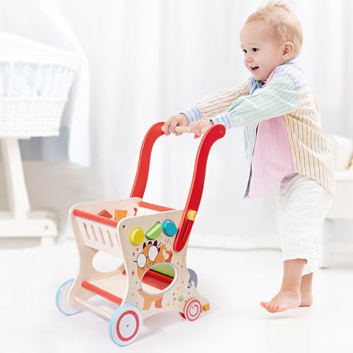Wooden Baby Walker with Shopping Cart, Push Walker for 1 Year Old Learning to Walk, Shape Matching Block Game, Large Storage Toddler Walking Toy for Boys & Girls 6-12 Months