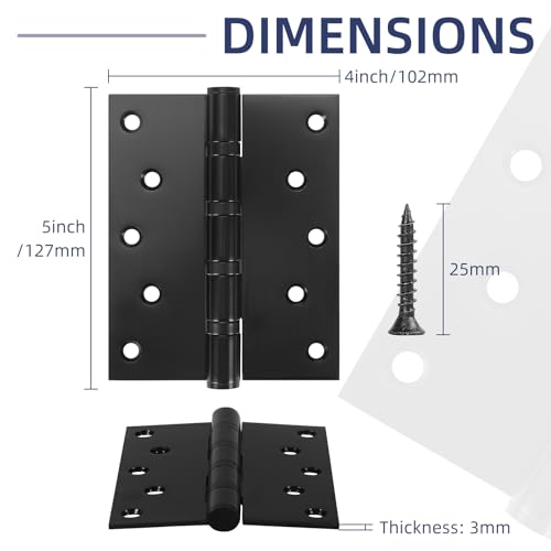 6 Pack Ball Bearing Door Hinges with Square Corners, 5 x 4 Inch Heavy Duty Stainless Steel Hinges with Screws for Exterior & Interior Doors, Matte Black - color: Matte Black, size: 5.0 inch X 4.0 inch