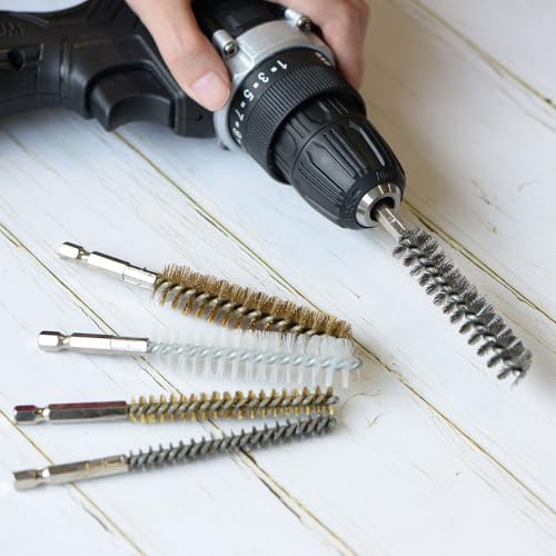 HARFINGTON 6Pcs 304 Stainless Steel Bore Brush 28mm Dia 4.5" Long Cleaning Twisted Wire Brush with Handle 1/4" Hex Shank for Tubes Ports Bearings, Silver - size: 28mm