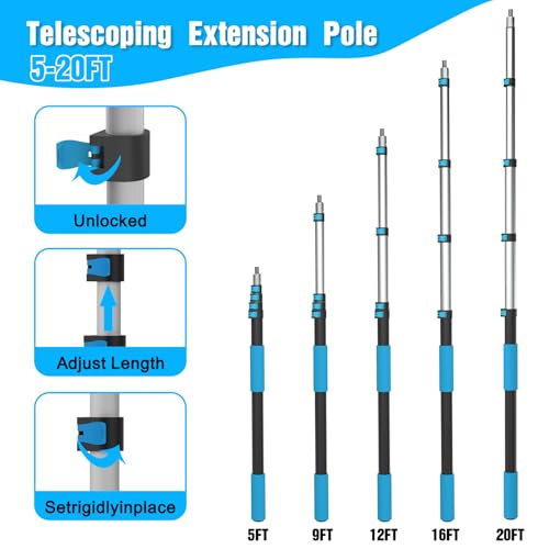25FT Reach Window Squeegee Kit with Extension Pole, 2-in-1 Professional Washer for High Windows, 5-20FT Adjustable Reach, Rotatable Head for Indoor & Outdoor Use, Streak-Free Cleaning Tool for Home - color: Blue, size: 20FT