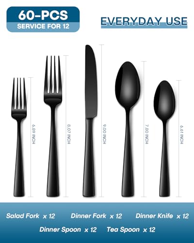 Stapava 60 Pcs Black Silverware Set, Food-Grade Stainless Steel Flatware Set for 12 Mirror Polished Cutlery Utensil Sets Include Dinner Knives Spoons and Forks Set Dishwasher Safe for Home Restaurant - color: Black