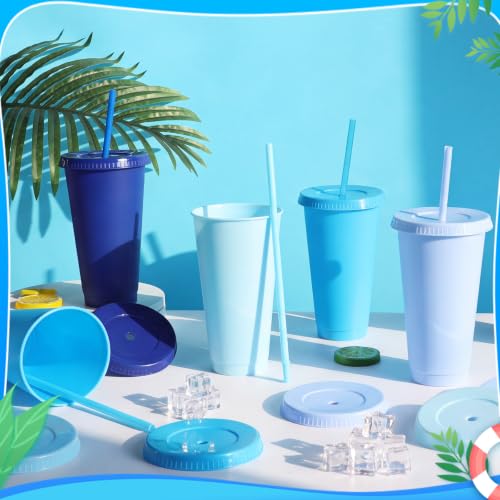 24 Pack Plastic Tumblers with Lids and Straws, Reusable Cups with Lids Plastic Colorful Cups for Parties Birthdays, Iced Coffee Cup Cold Drink Cups Bulk Tumblers (24 oz, Gradient Blue Colors) - color: Gradient Blue Colors