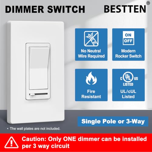 BESTTEN 5PK Dimmer Switch, Single Pole or 3-Way, Neutral Wire Not Required - color: White