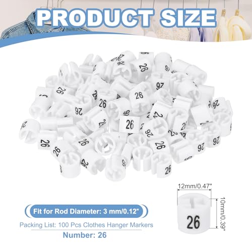 PATIKIL 100 Pcs Clothes Hanger Markers, Number 26 Tag Fit 3mm Rod Garment Size Hanger Clips Color Coding Label for Clothing Hangers, White - size: Number 26