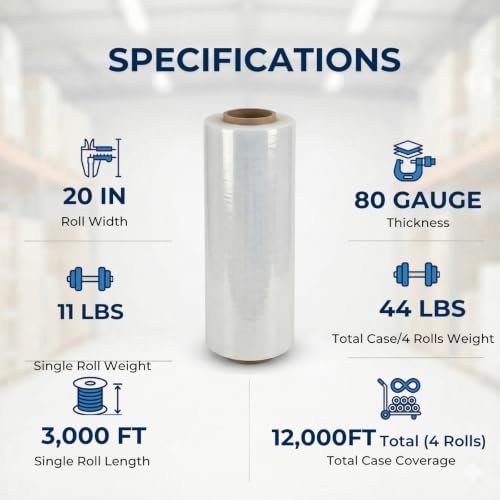 4 Pack of 20" x 3,000 ft Industrial Stretch Film, 80 Gauge - size: 4 x 3,000 ft