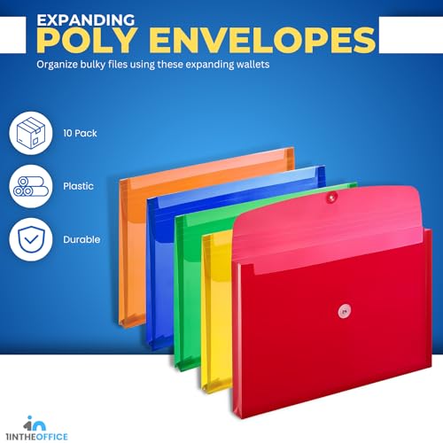 1InTheOffice Poly Envelopes Button & String Closure, Expanding Wallet, Legal Size, Assorted Colors, 10/Pack