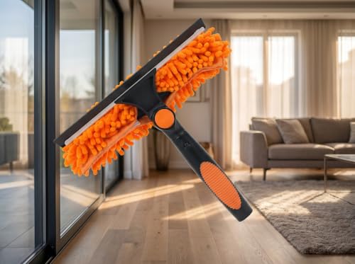 2-in-1 Window Cleaning Squeegee and Scrubber Kit, All-in-One Glass Cleaning Tool with Squeegee and Detachable Chenille Scrub Cloth Head, Streak-Free Window Washer for Home, Car, and High Windows