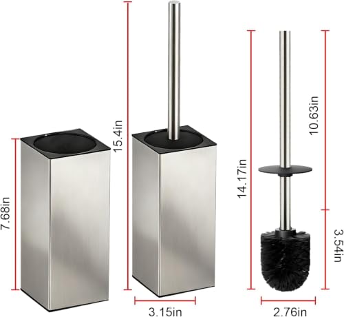 Toilet Brush and Holder Set, NEWRAIN Stainless Steel Toilet Brush with Long Brush Handle, Brushed Nickel Toilet Scrubber and Covered Holder, Square Design Sturdy and Space Saving, Covered Brush