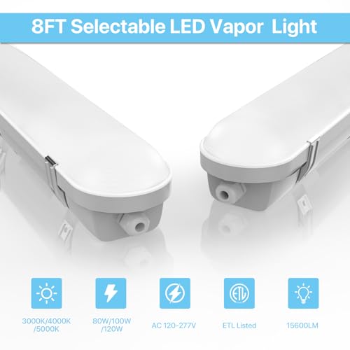 HYPERLITE 8 Foot LED Vapor Proof Light, 15600lm IP66 Waterproof Vapor Tight Led Lights Fixture, 120w/100w/80w, 120-277V, Dimmable Outdoor Shop Light for Carports, Gas Station, Garage ETL Listed - size: 8FT | 1 PACK