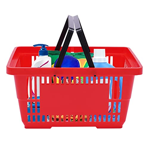 12PCS Red Plastic Shopping Baskets with Handles, Portable Retail Grocery Baskets, 21L Hand Shopping Baskets Set for Stores, Supermarket, Retail, Groceries Shopping Carrying - color: Red