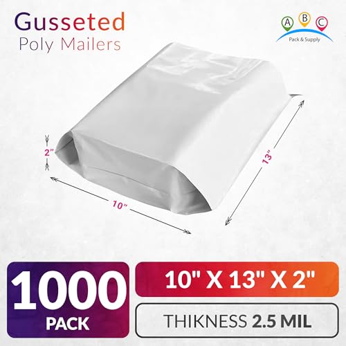 ABC PACK & SUPPLY Gusseted Poly Mailers, 10 x 13 x 2 Inch, 2.5 Mil White Shipping Bags for Clothing, Self Seal Plastic Mailing Envelopes, Pack of 1000 - size: 10" x 13" x 2" / 1000 Pack