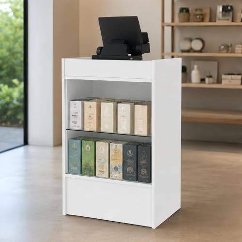 24x18x38 Inch White Wooden Lockable Sliding Solid Door Cash Register Podium with Tempered Glass Shelves for Retail, Restaurant, Reception, Church - color: White