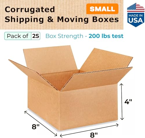 Small Moving & Shipping Boxes 8"L x 8"W x 4"H (25-Pack) - Extra Strength 200 lb vs Regular - Corrugated Cardboard Boxes for USPS/UPS/FEDEX - Strong Packing Box - Shipping Box by IDL Packaging - size: 8 * 8 * 4" (Small Boxes)