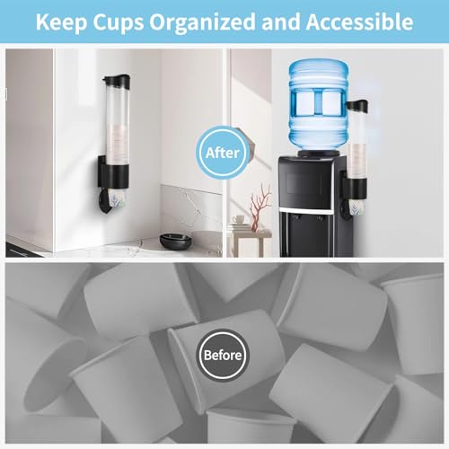 Disposable Paper Cup Dispenser, Pull Type Wall Mount Cup Holder for Water Cooler, Plastic Cup Organizer with Adhesive Plate & Screws for Home, Office, Hospital, Fit 5oz-7oz Cups