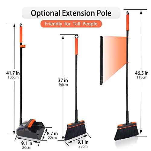 JEHONN Broom and Dustpan Set for Home, Long Handle Lightweight 180 Degree Rotating Broom Set Indoor, Upright Standing Dust Pan with Comb Teeth, Store Sweep Set for Room Kitchen Office Lobby - color: Orange and Black