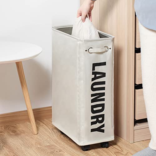 DOKEHOM 52L Slim Rolling Laundry Basket Hamper, Narrow on Wheels, Beige - color: Beige/M, size: 52L/Slim