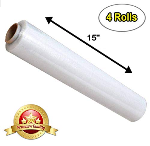 APQ 4 Rolls of Blown Hand Stretch Film 15" x 2000'. Clear Hand Stretch Wrap, 60 Gauge. Tear Resistant Residue Free Film for Moving, Shipping, Wrapping. Industrial Grade Pallet Shrink Wrap Film. - size: 15" x 2000'