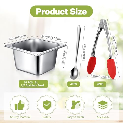 16 Set 1/6 Stainless Steel Pans with 16 Lids, 2Tongs, 4Spoons, 4 Inch Deep - size: 4 Inch