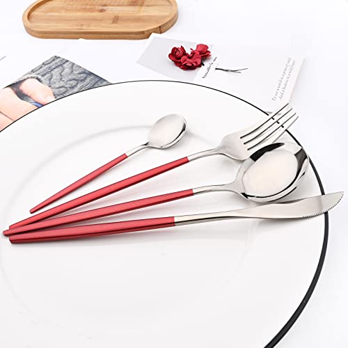 Mirror Cutlery Serving Set, 24-piece 18/0 Stainless Steel Silverware With Red Handle Simple & Modern Tableware For Home Party Restaurant Christmas Dinner, Service For 6 (Red Silver) - color: Red silver