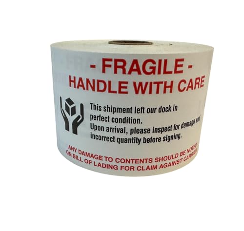 Labels and More 3x5 Fragile Handle with Care Hands Holding Box (White Red Black) Shipping Pallet Stickers 1 Roll of 500 Labels
