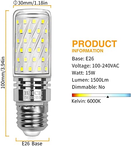 E26 LED Corn Bulbs 15W, 6000K Daylight White, 1500LM, Edison Screw Bulbs, 120W Incandescent Bulbs Equivalent, Pack of 4 - color: E26 Daylight White