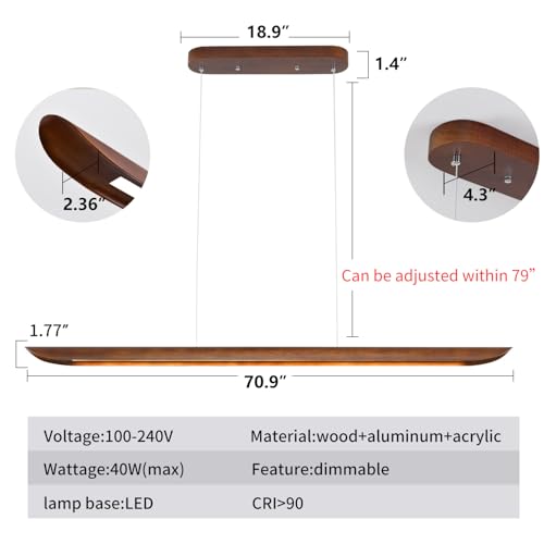 71" Wood Linear Pendant Light, Dimmable Kitchen Island Lighting with Remote, 40W LED Island Lights for Kitchen, Adjustable Linear Chandelier for Dinning Room Light Fixture, Bar, Pool Table Light - color: Walnut, size: 71IN