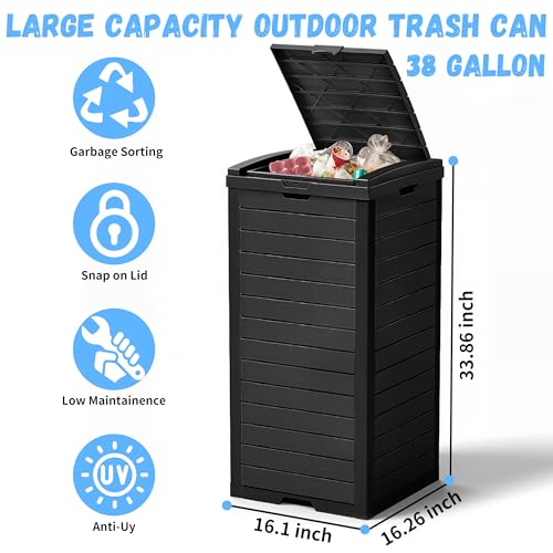 38 Gallon Outdoor Trash Can with Lid, Dual Lid Closure Outdoor Trash Can, Waterproof Resin Garbage Can with Pull-Out Liquid Drawer for Kitchen, Backyard Deck, Patio(Deep Black) - color: Deep Black, size: 16.1*16.3*33.9