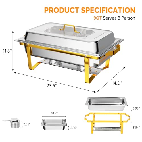 ROVSUN Chafing Dishes for Buffet, 9QT Chafing Dish Buffet Set with Glass Lid,Stainless Steel Buffet Servers and Warmers with 2 Half Size Pan,Stackable Design for Party Wedding, Gold & Silver - size: Half Size Food Pan