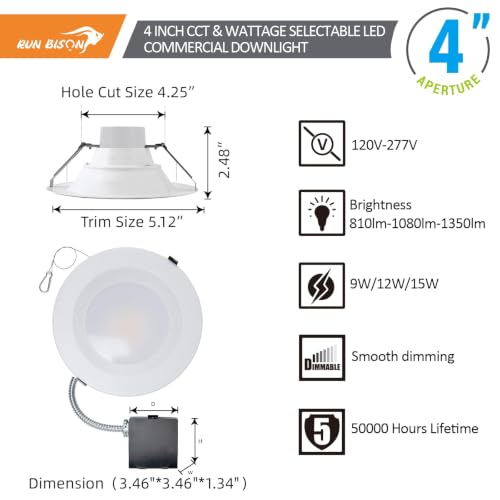 4 Inch Recessed LED Commercial Downlight with J-Box, Wattage Adjustable 9/12/15W,3 Color Selectable 3000K-5000K, 120-277V,10%-100% Dimmable, Canless LED Downlight - 8 Pack - color: 8PK, size: 4 inch