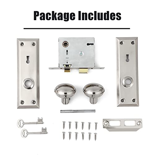 2 Pack Mortise Lock Set for Interior Door, Vintage Antique Door Knobs with Lock and Skeleton Key, Old Door Knob Replacement Fits 1-3/8 in 1-3/4 in, Brushed Satin Nickel Finish - color: Brushed Nickel, size: Mortise(2 Pack)