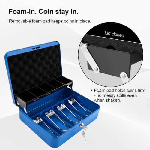 Jssmst Metal Cash Box with Money Tray and Lock, Portable Cash Drawer, 11.8" - color: Blue Key