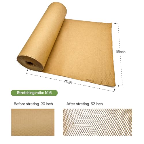 Honeycomb Packing Paper, 15" x 262' Honeycomb Cushioning Wrap Roll for Moving Shipping Packaging Gifts, Recyclable Honeycomb Paper Moving Supplies Bubble Paper Wrapping Protective Roll Khaki - size: 15" x 262'